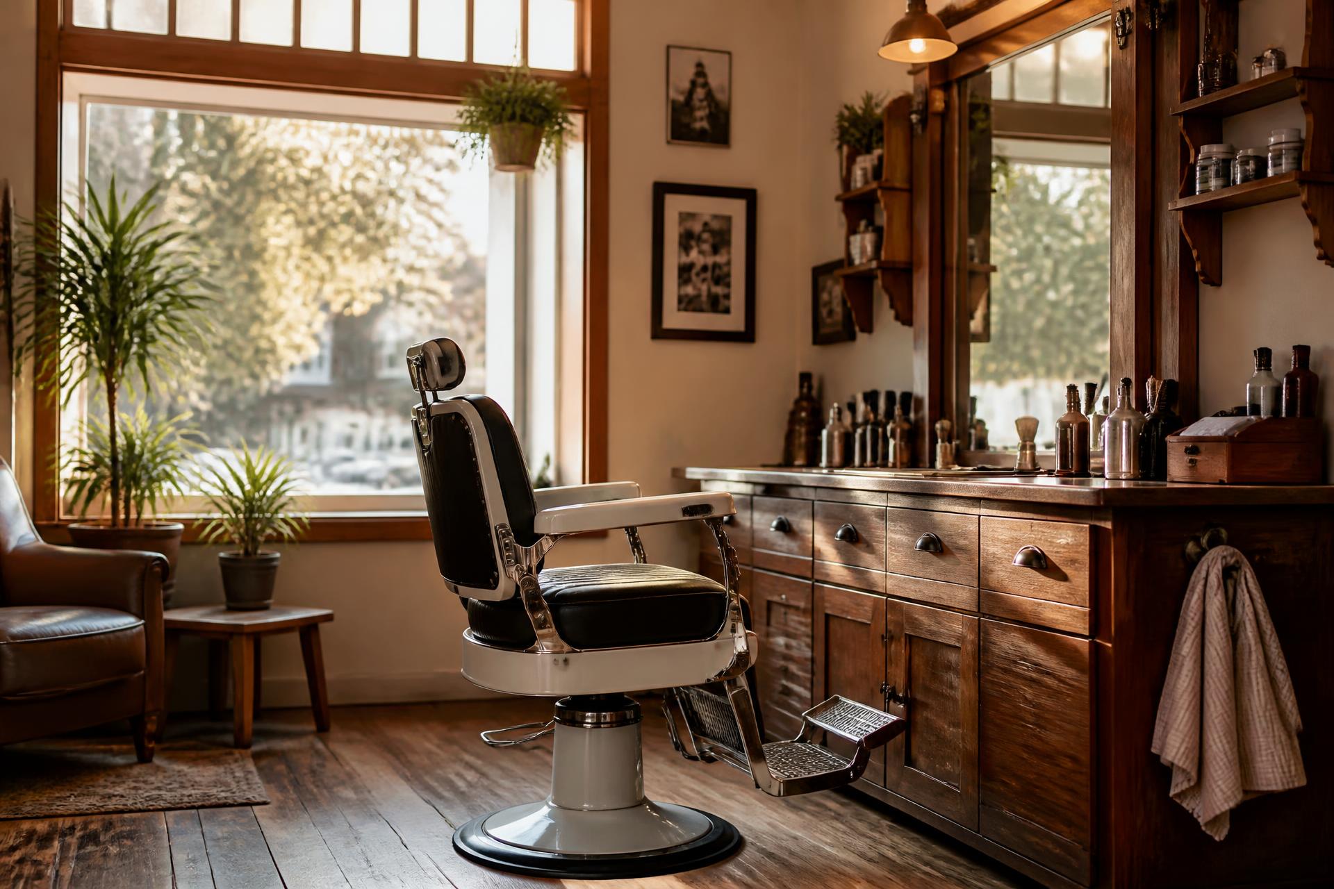 Warm, rustic salon interior with a barber chair and wooden styling station in Bend, Oregon